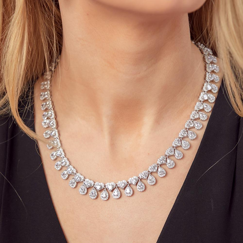 Rhodium Plated 925 Sterling Silver Chunky CZ Heart Tear Drop Bridal Necklace - GMN00107 - Image 4