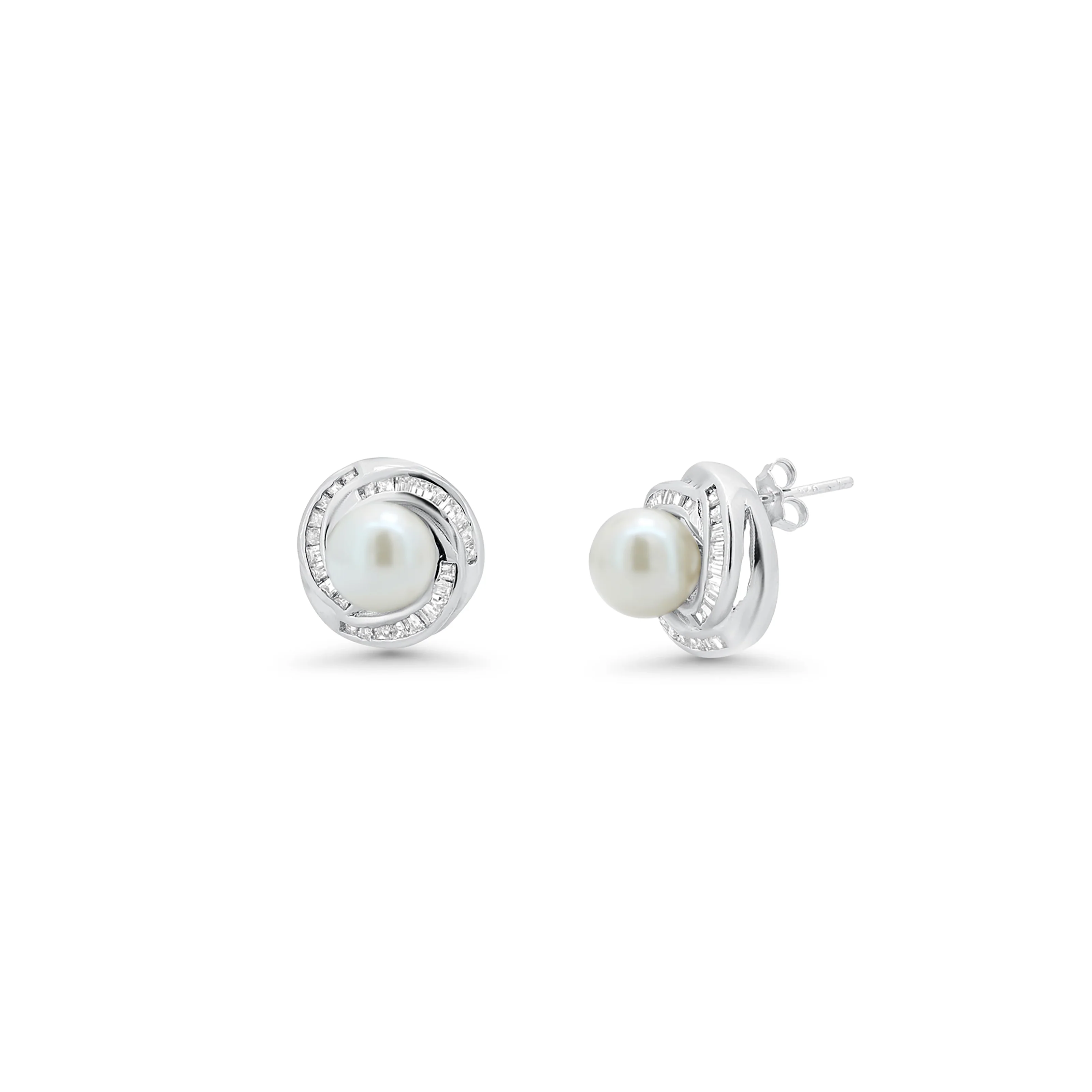 Rhodium Plated 925 Sterling Silver Clear Baguette CZ Pearl Center Stud Earring and Necklace Set - BGS00207 - Image 4