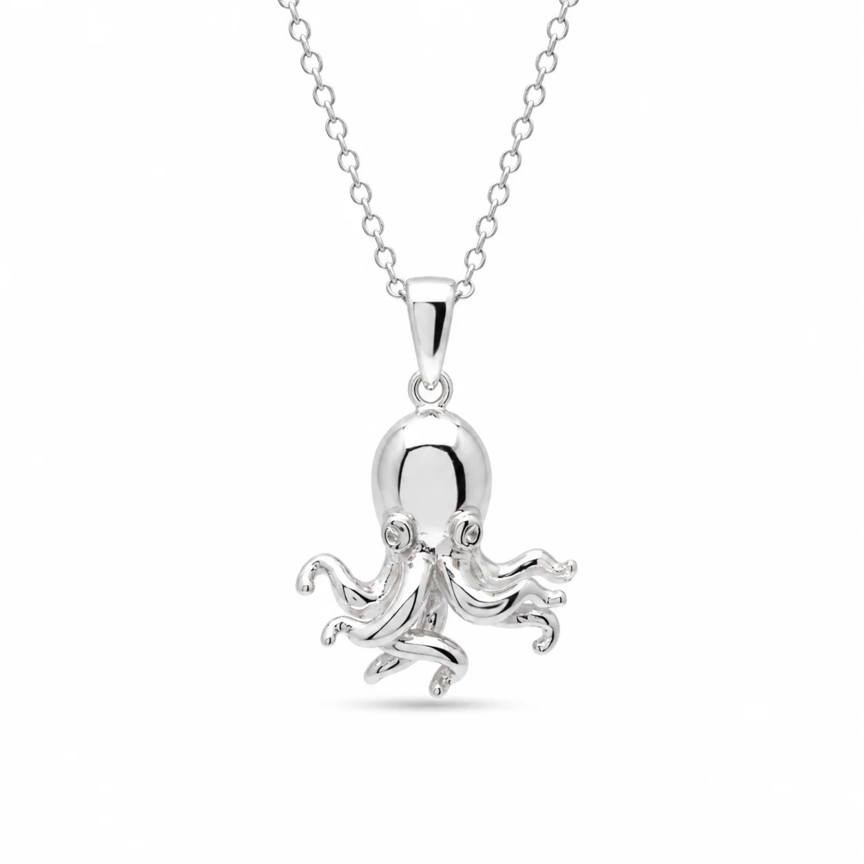 Rhodium Plated 925 Sterling Silver Clear CZ Octopus Pendant Necklace - BGP00849