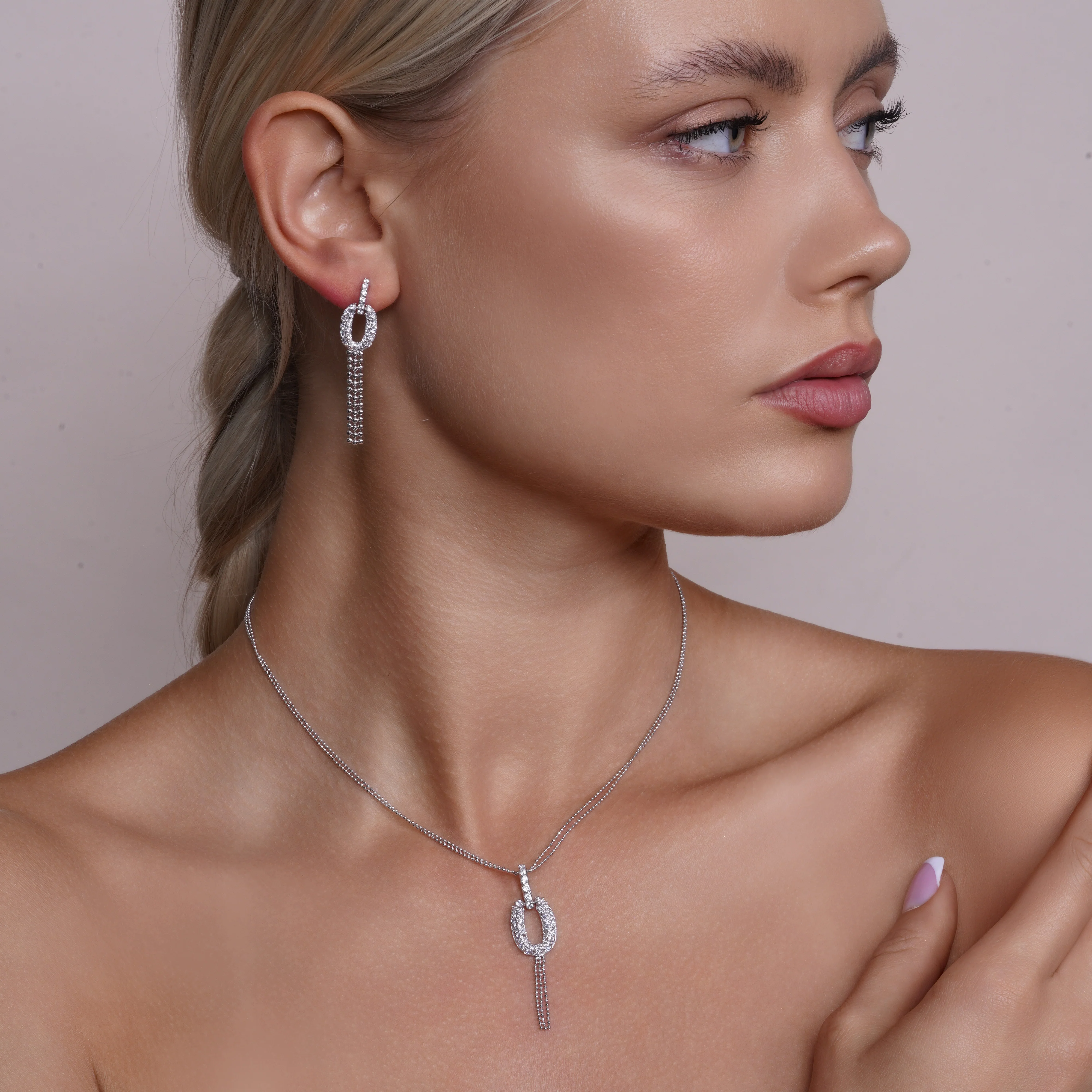 Rhodium Plated 925 Sterling Silver Clear Micro Pave Open Circle CZ Dangling Stud Earring and Necklace Set - BGS00044 - Image 2