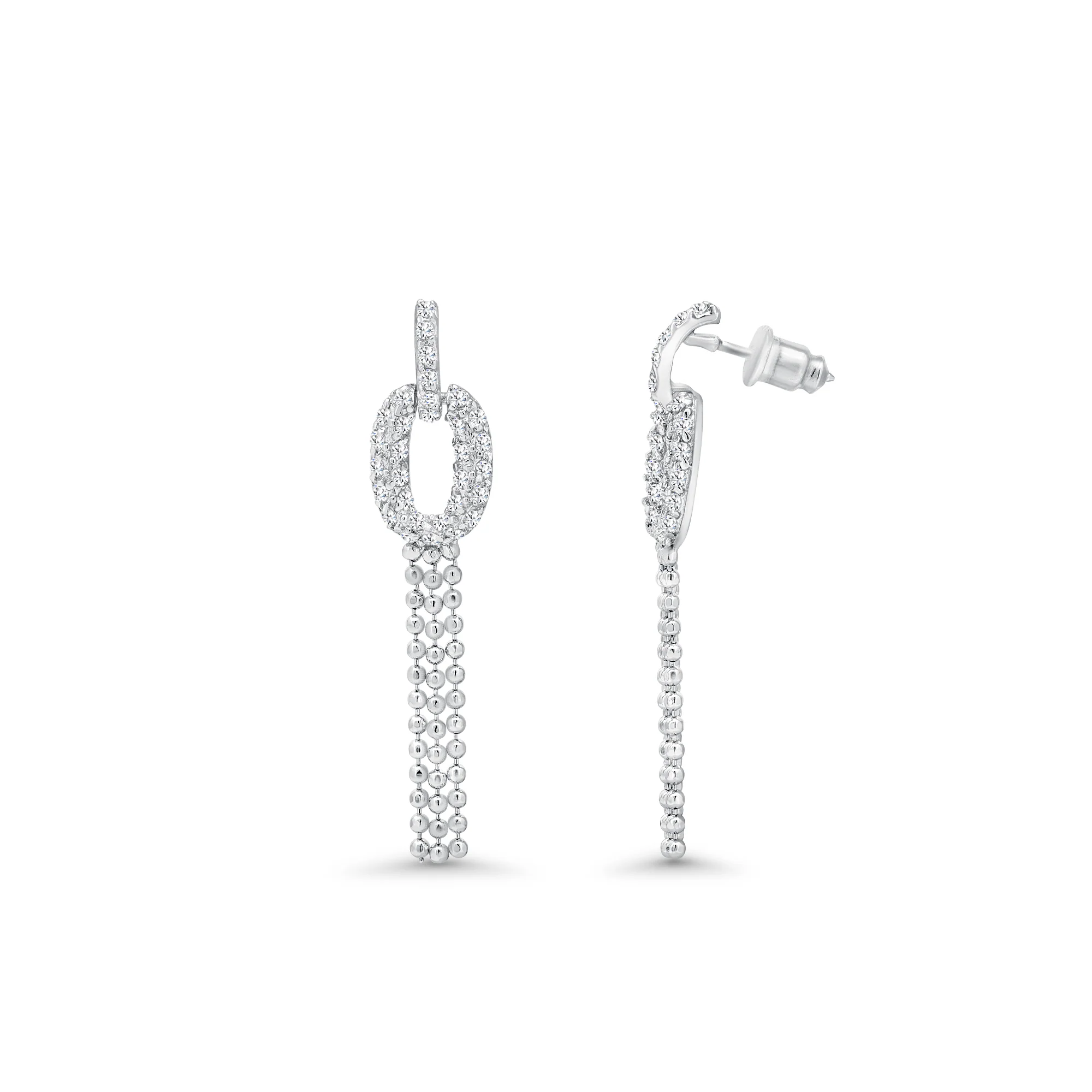 Rhodium Plated 925 Sterling Silver Clear Micro Pave Open Circle CZ Dangling Stud Earring and Necklace Set - BGS00044 - Image 3