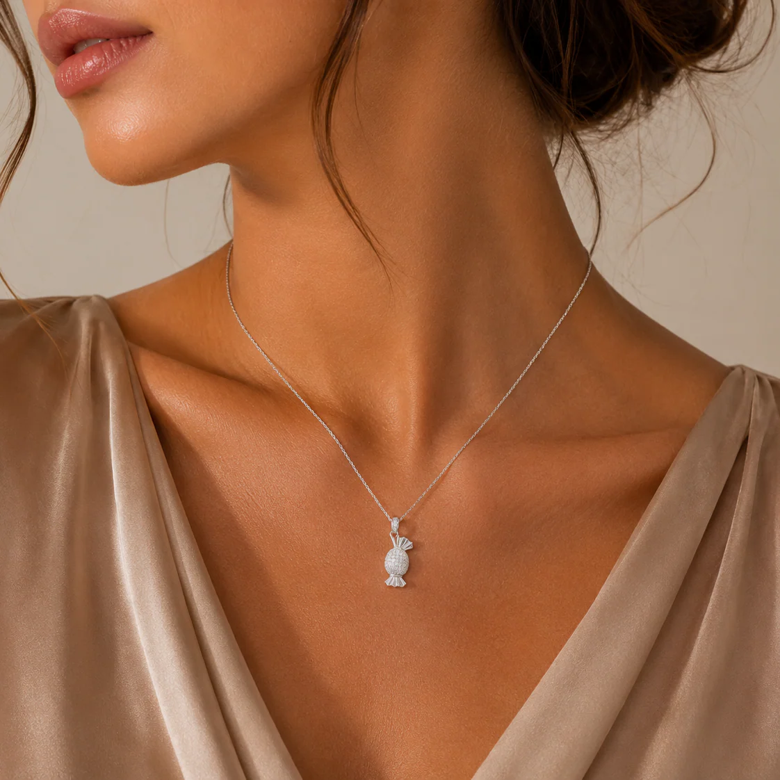 Rhodium Plated 925 Sterling Silver CZ Candy Pendant Necklace- STP01653 - Image 2