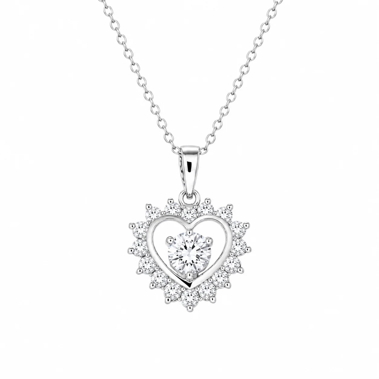Rhodium Plated 925 Sterling Silver CZ Heart Pendant Necklace - BGP00465