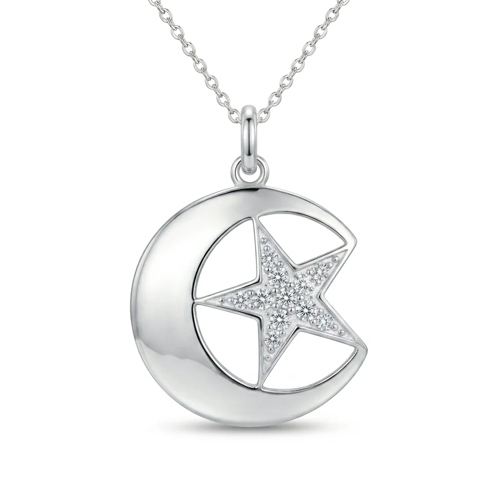 Rhodium Plated 925 Sterling Silver CZ Star & Crescent Moon Pendant Necklace - STP00387 |STP00500 - Image 2