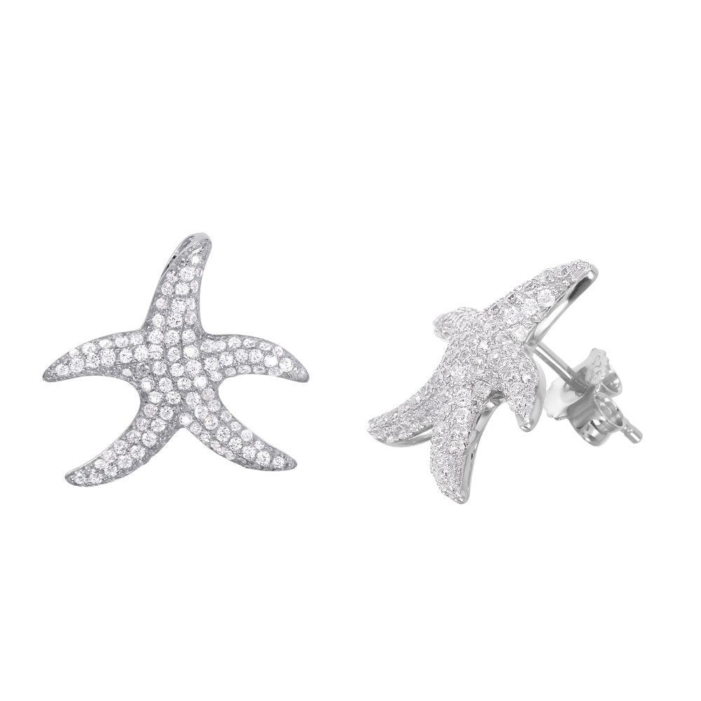 Rhodium Plated 925 Sterling Silver CZ Starfish Earrings - ACE00105RH