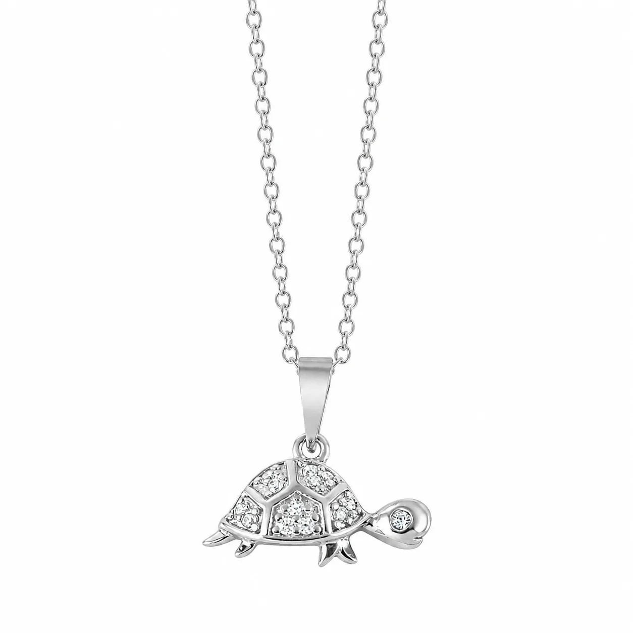 Rhodium Plated 925 Sterling Silver CZ Turtle Pendant Necklace - BGP01038