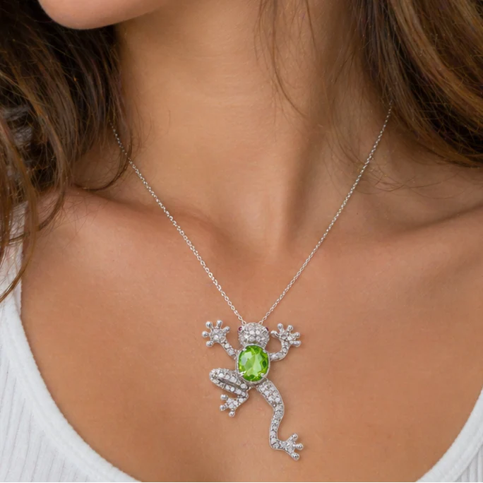 Rhodium Plated 925 Sterling Silver Green CZ Frog Pendant Necklace - STP00762 - Image 2