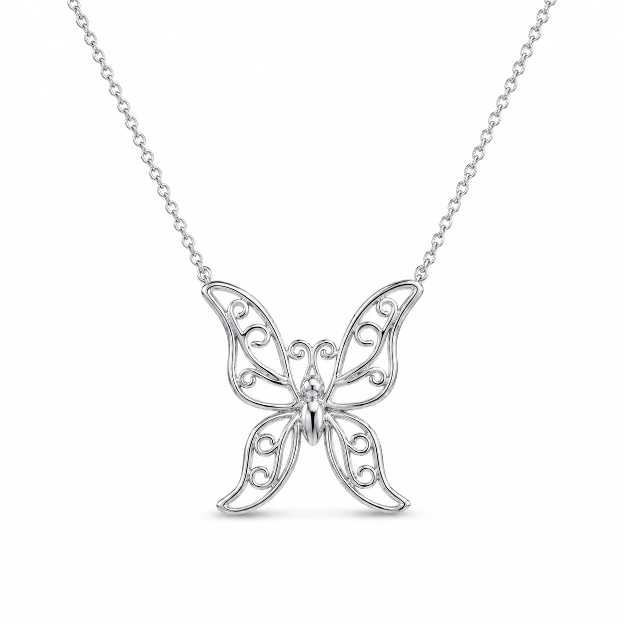 Rhodium Plated 925 Sterling Silver Ornate Butterfly Pendant Necklace - STP00713