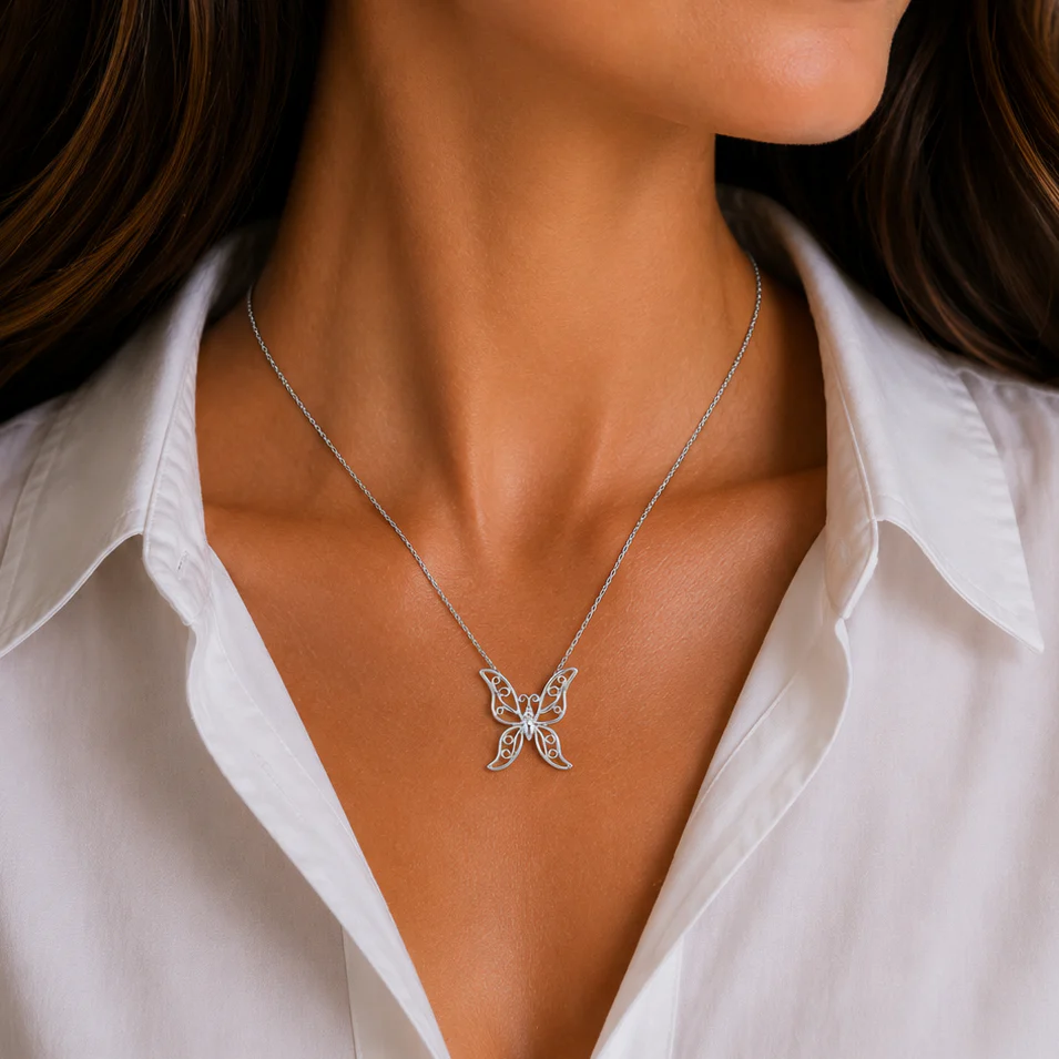 Rhodium Plated 925 Sterling Silver Ornate Butterfly Pendant Necklace - STP00713 - Image 2