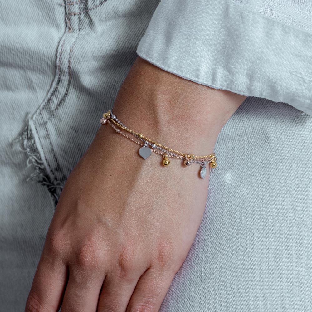 Three-Tone Plated 925 Sterling Silver Multi Chain Leaves and Beads Lariat Bracelet - ECB00125 - Image 2
