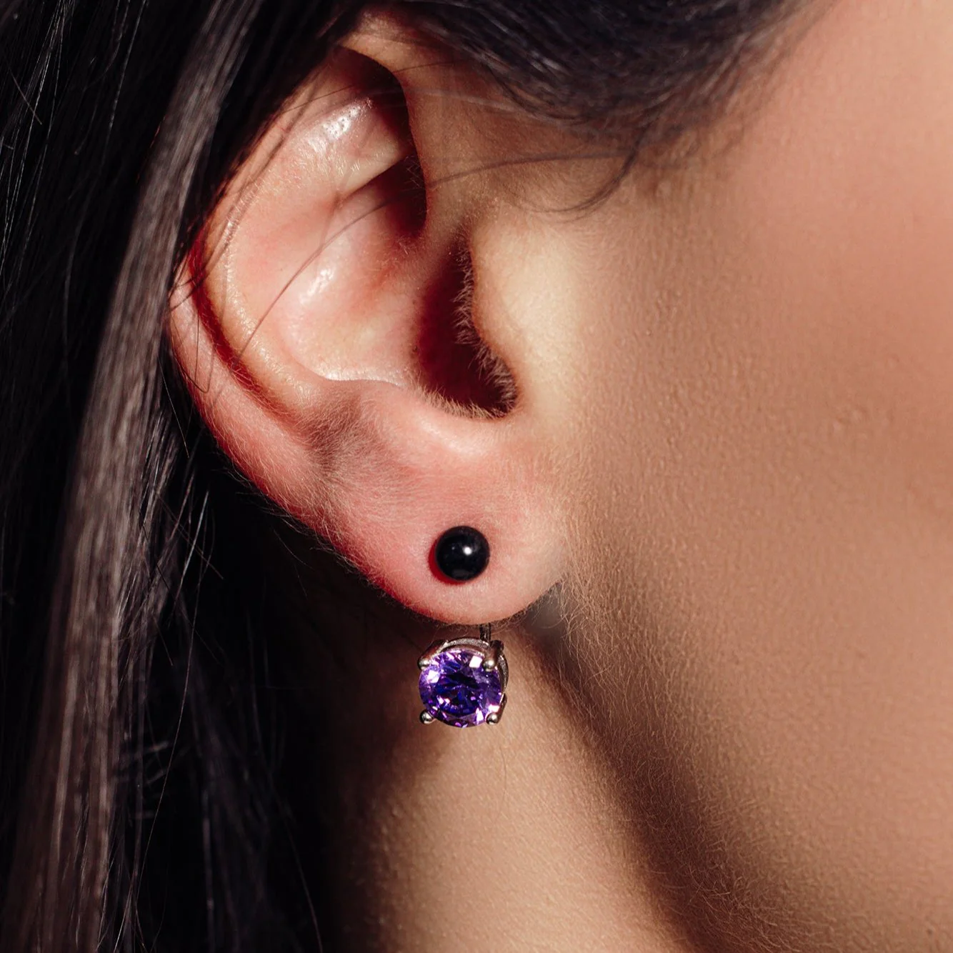 Rhodium Plated 925 Sterling Silver Birthstone Black Synthetic Pearl Purple CZ Front and Back  Earrings - STE00999FEB - Image 2