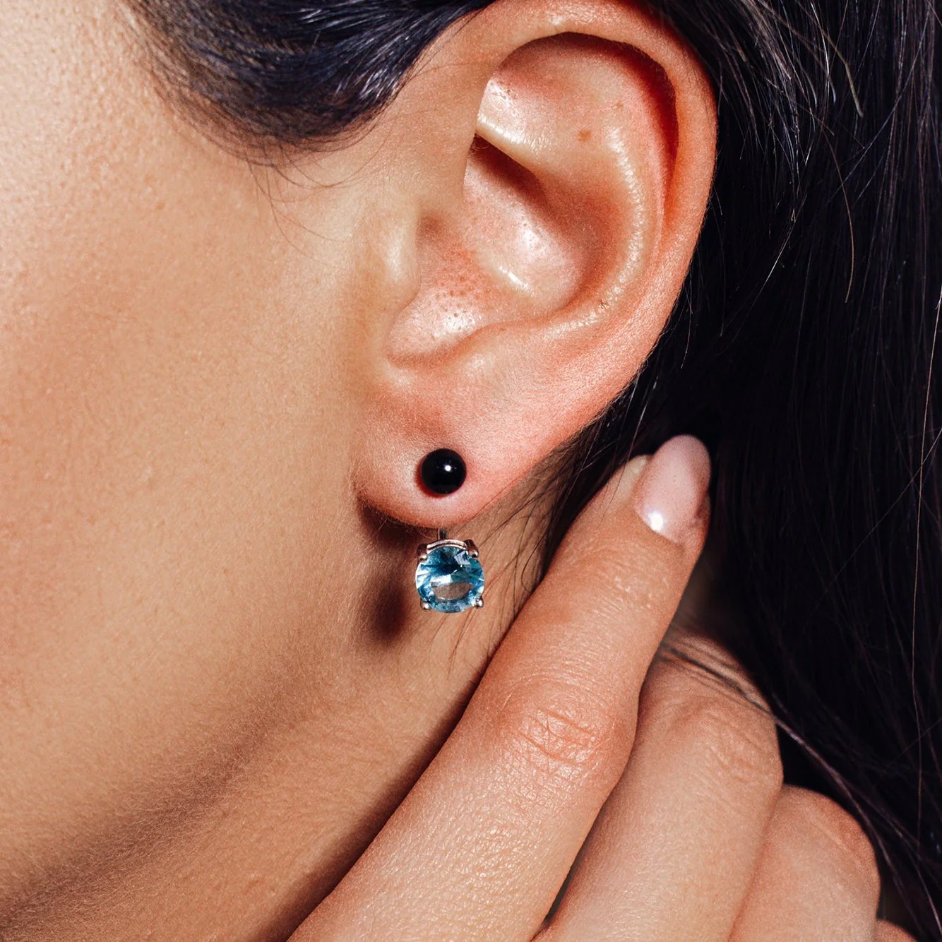 925 Sterling Silver Light Blue CZ Black Synthetic Pearl Front and Back Earring - STE00999MAR - Image 2