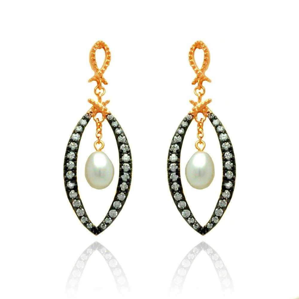 Silver 925 Black and Rose Gold Plated Open Marquise Clear CZ Dangling Fresh Water Pearl Stud Earrings - BGE00289