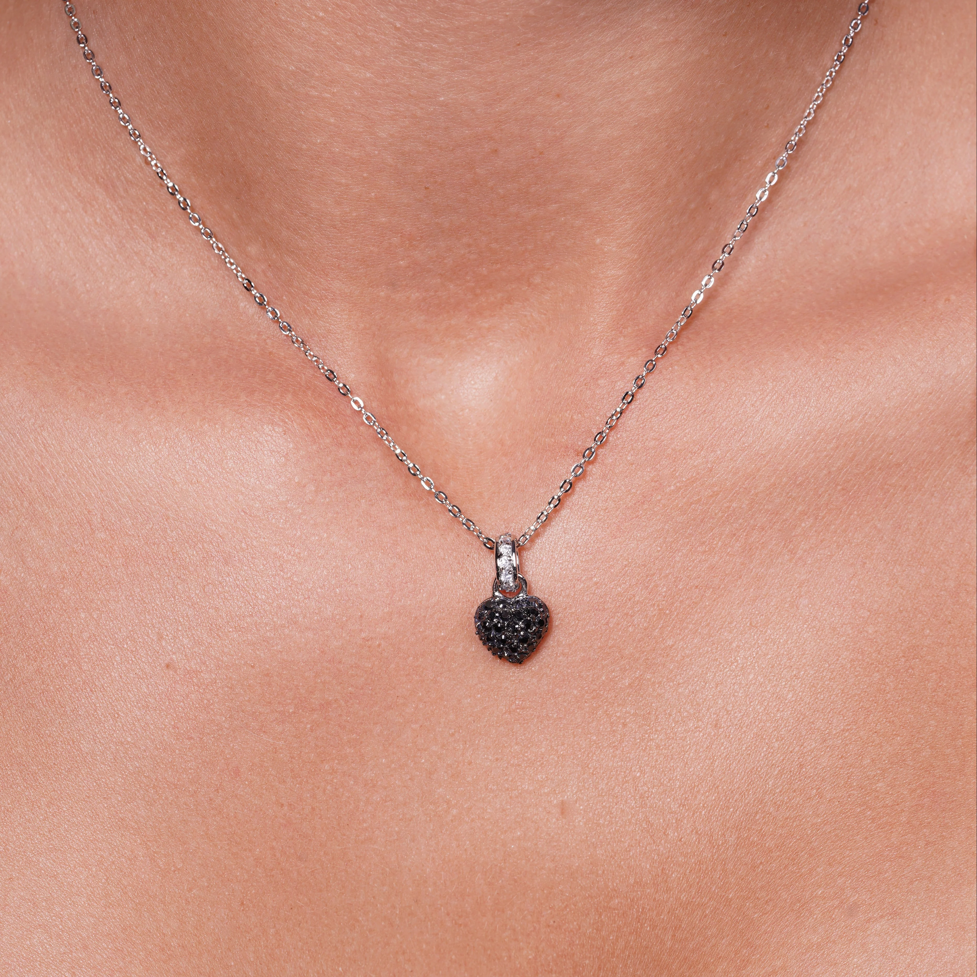 Clearance-Silver 925 Black Clear CZ Black Rhodium and Rhodium Plated Heart Pendant Necklace - BGP00067 - Image 2