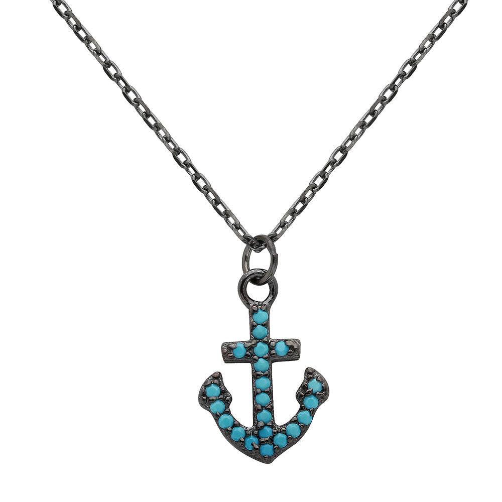 Black Rhodium Plated 925 Sterling Silver Anchor Turquoise Stones Necklace - STP01541BP - Image 2