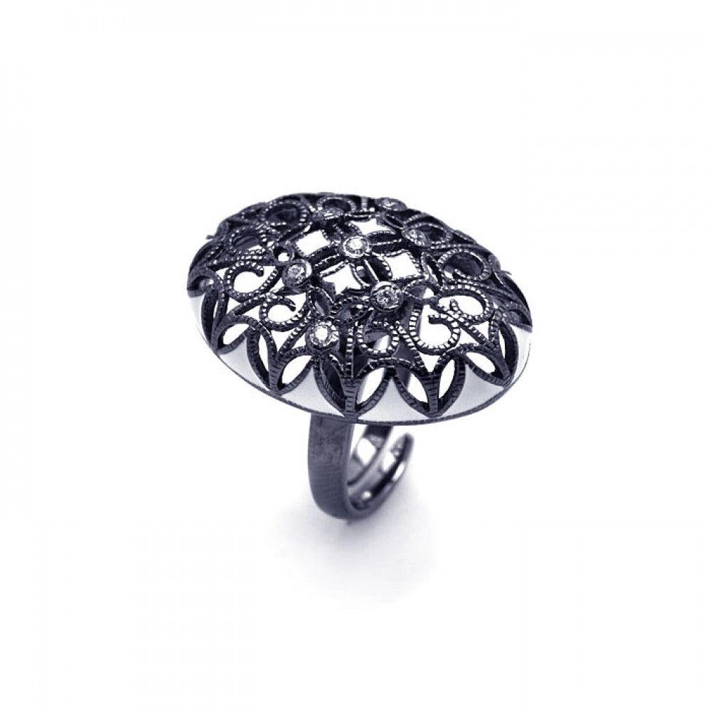 Clearance-Silver 925 Black Rhodium Plated Clear CZ Oval Flower Ring - STR00701