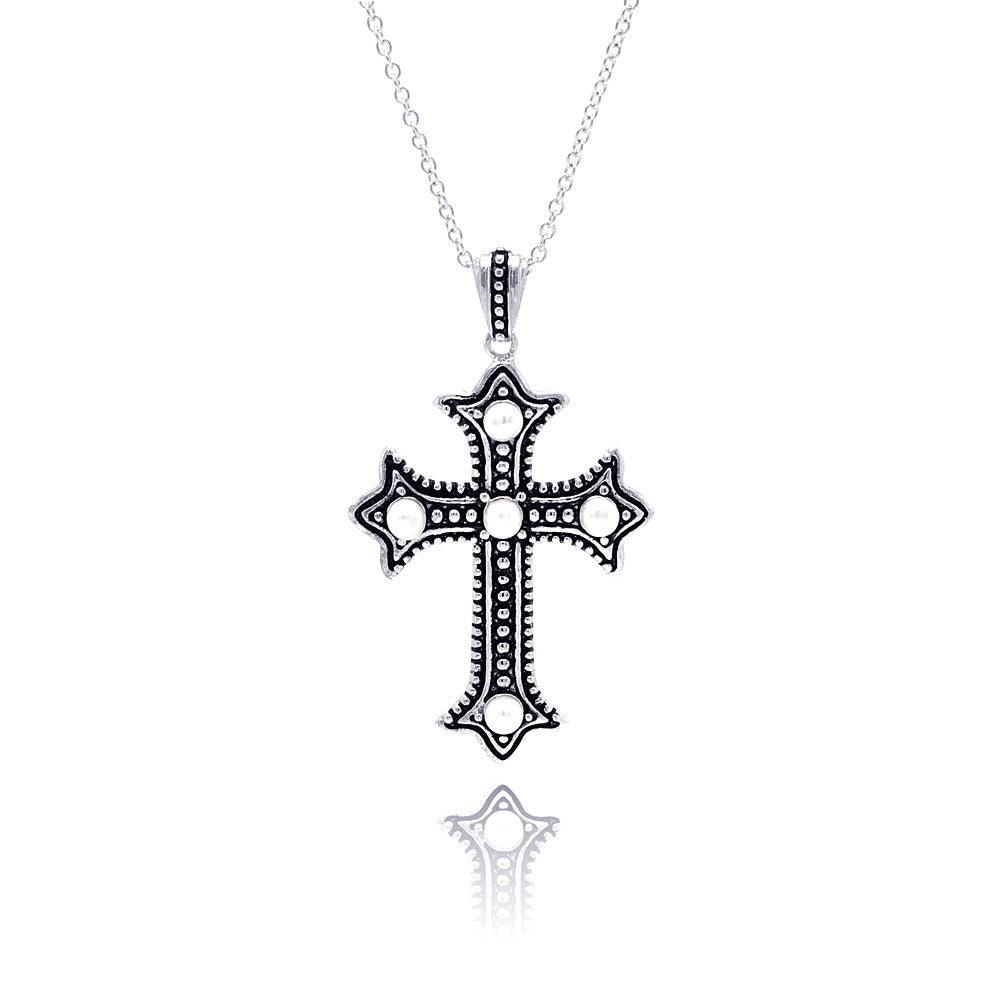 Clearance-Silver 925 Black Rhodium Plated Cross CZ Necklace - BGP00305