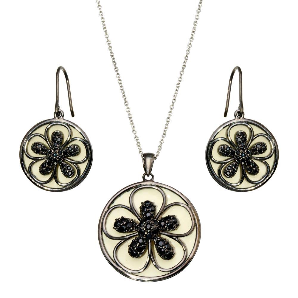 Clearance-Silver 925 Black Rhodium Plated Flower White Enamel CZ Dangling Set - STS00376 - Image 2