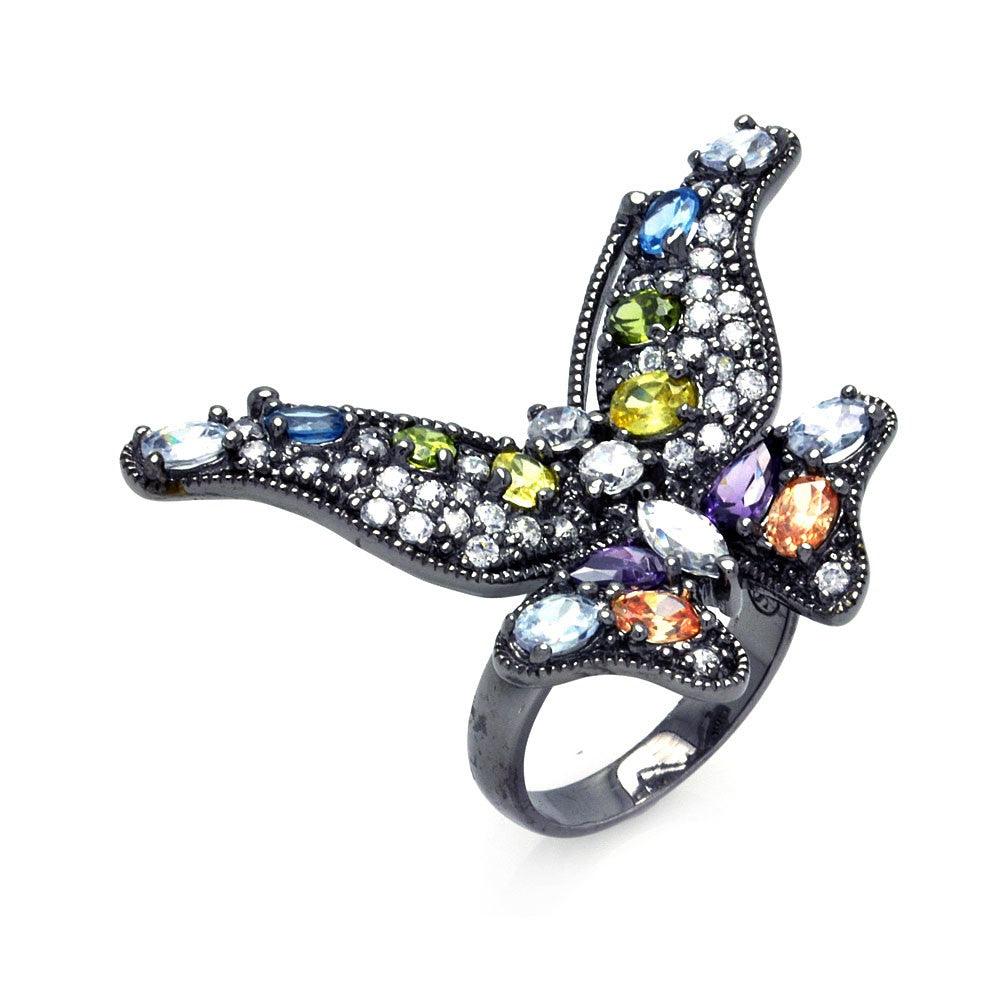 Clearance-Silver 925 Black Rhodium Plated Multi Colored CZ Butterfly Ring - STR00845 - Image 2