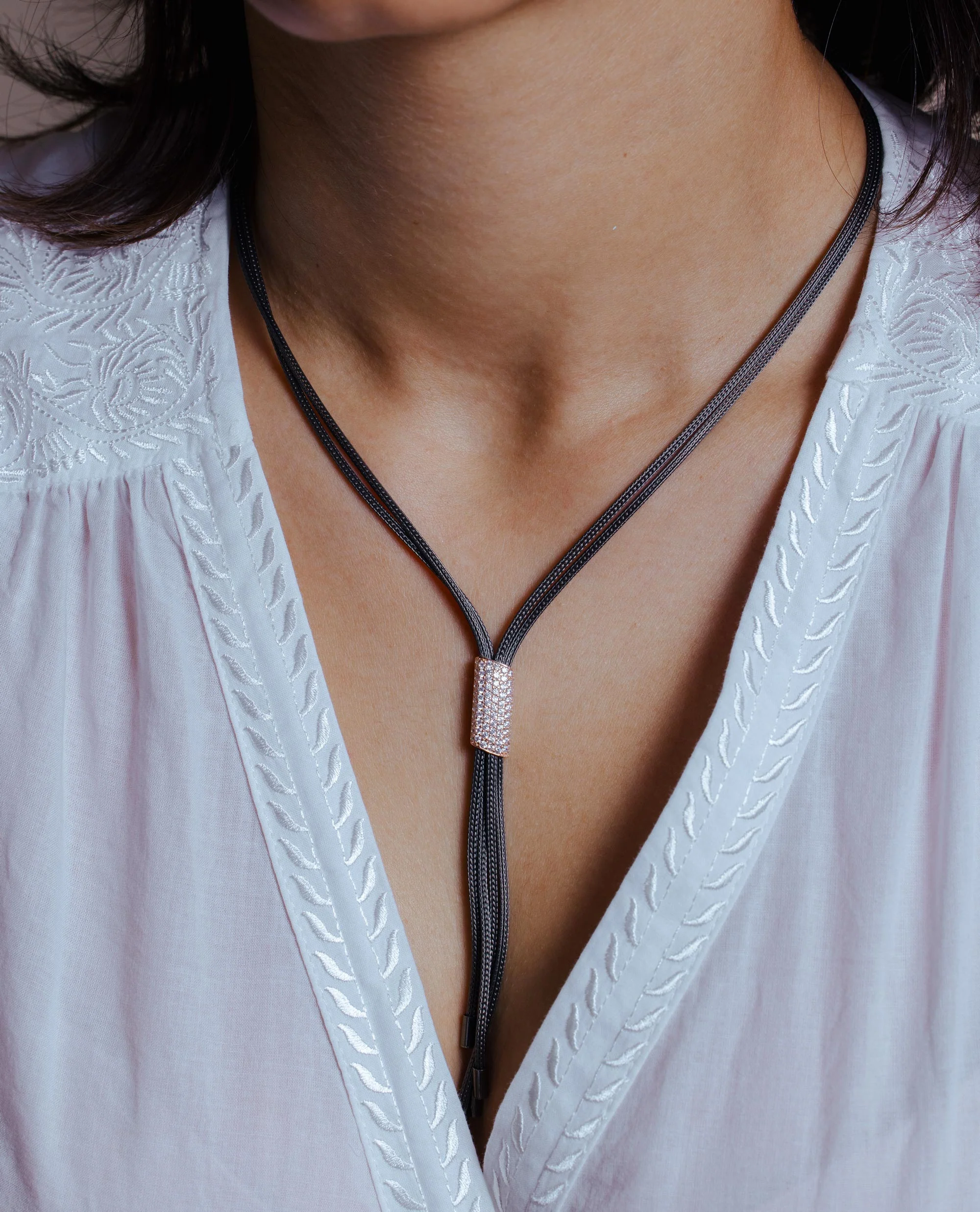 Silver 925 Black Rhodium Plated Multi Strands Rose Gold CZ Encrusted Bar Lariat Italian Necklace - ECN00005BR - Image 2