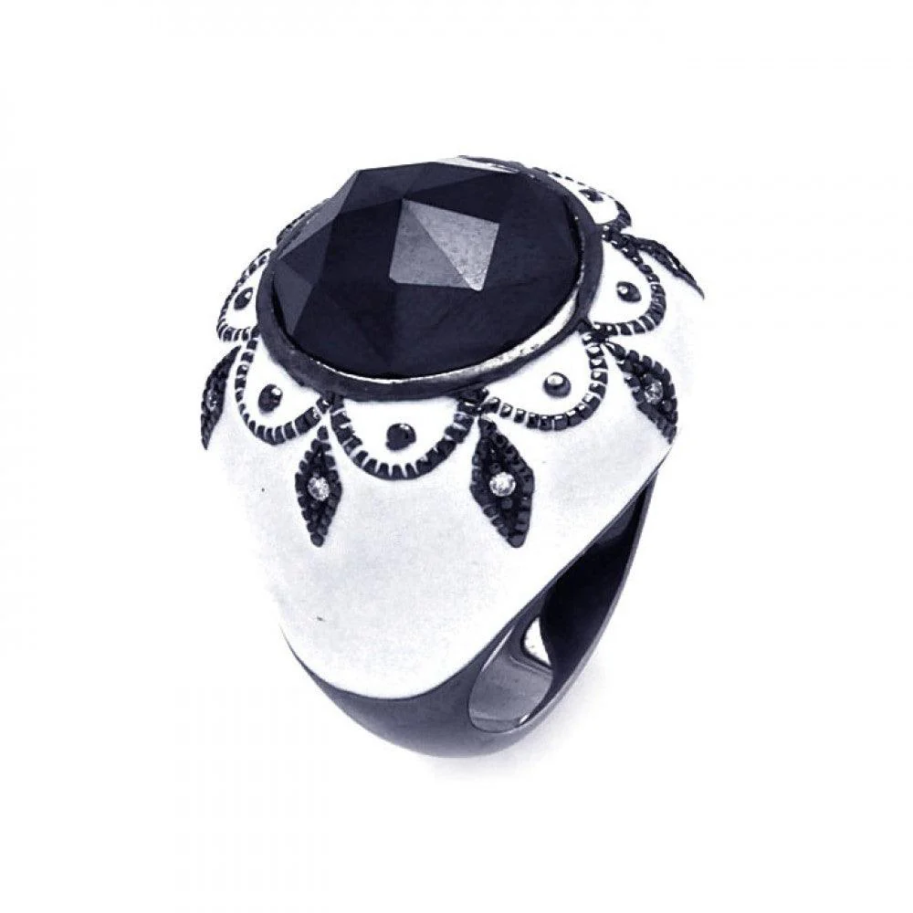 Clearance-Silver 925 Black Rhodium Plated White Enamel Black Center Clear CZ Cigar Band Dome Ring - STR00869