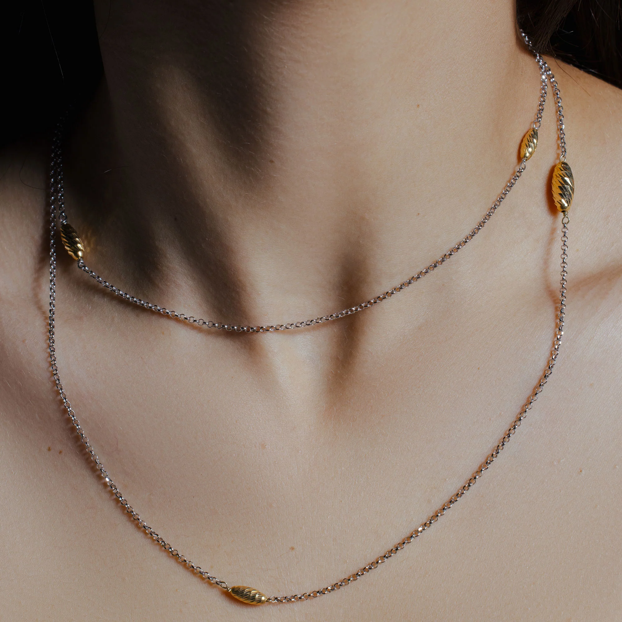 Silver 925 Chain Necklace with Gold Plated Twisting Beads - ITN00101RH-GP - Image 2