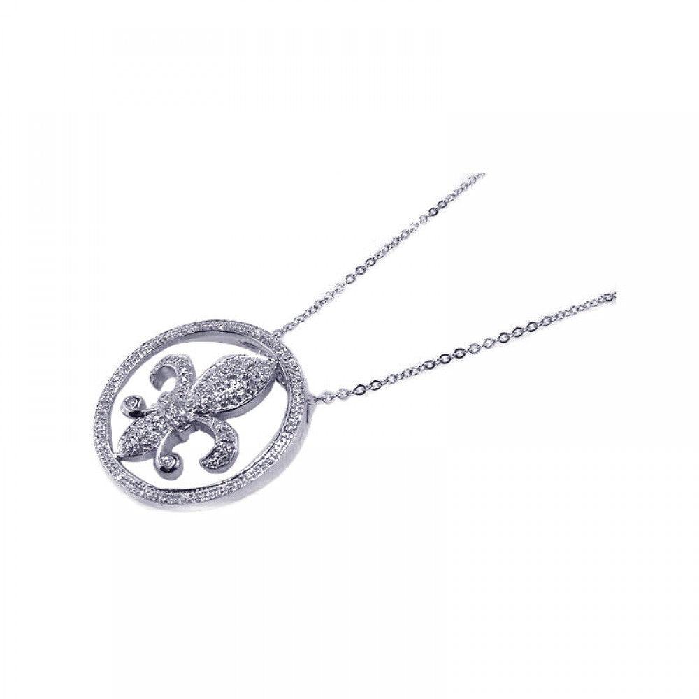 Clearance-Silver 925 Clear CZ Rhodium Plated Flor Di Lis Pendant Necklace - BGP00059
