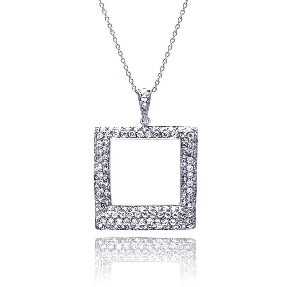 Clearance-Silver 925 Clear CZ Rhodium Plated Open Square Pendant Necklace - STP00257