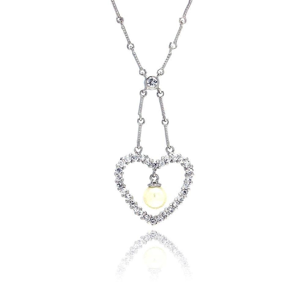 Clearance-Silver 925 Clear CZ Rhodium Plated Pearl Heart Pendant Necklace - BGP00026
