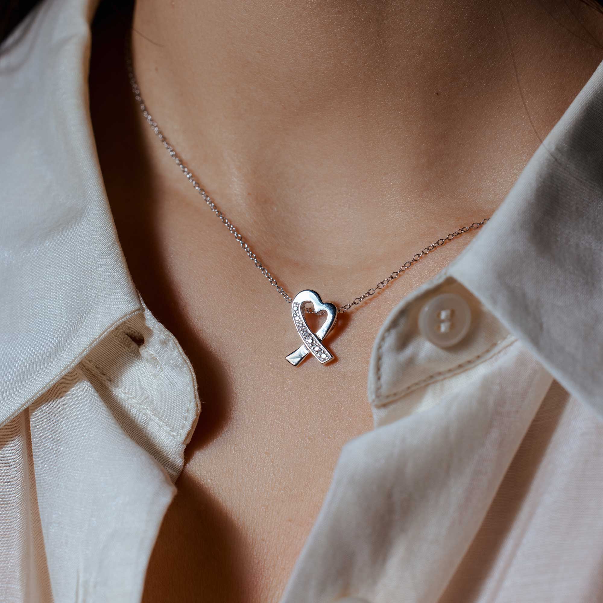 Silver 925 Clear CZ Rhodium Plated Pretzel Heart Pendant Necklace - STP00218 - Image 2