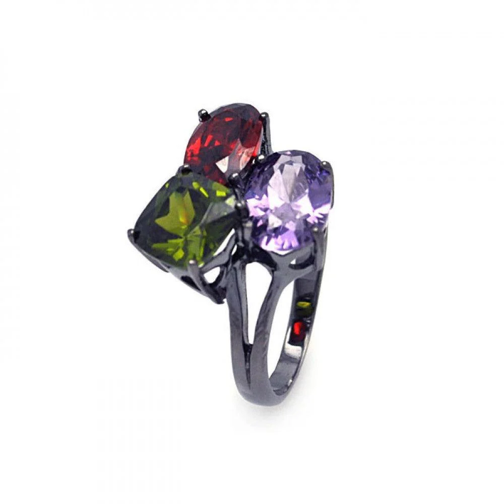 Clearance-Silver 925 Dark Rhodium Plated Green Red Purple CZ Ring - STR00679