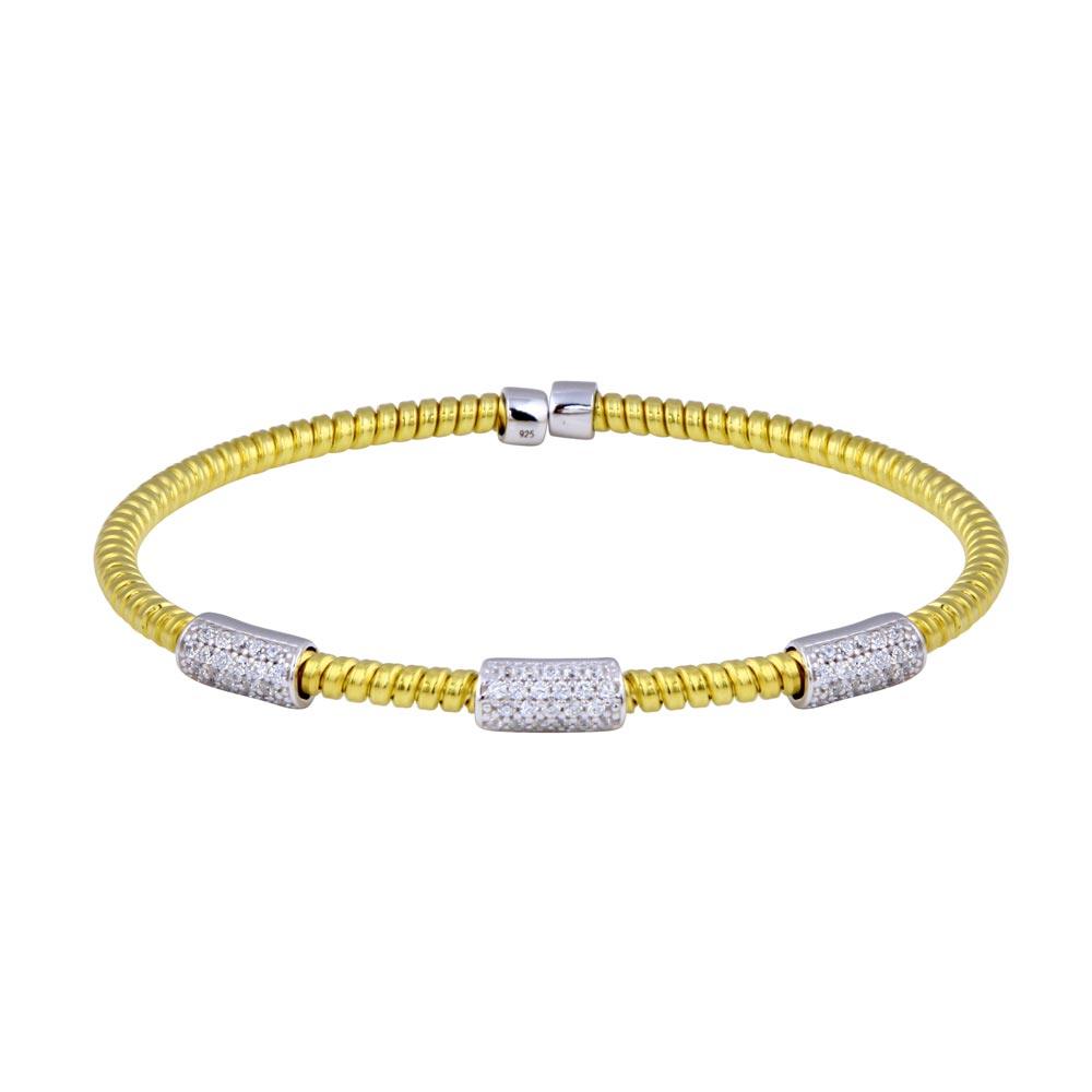 Gold Plated 925 Sterling Silver Italian 3 Wide CZ Bars Cuff Bracelet - ECB00034GP - Image 2