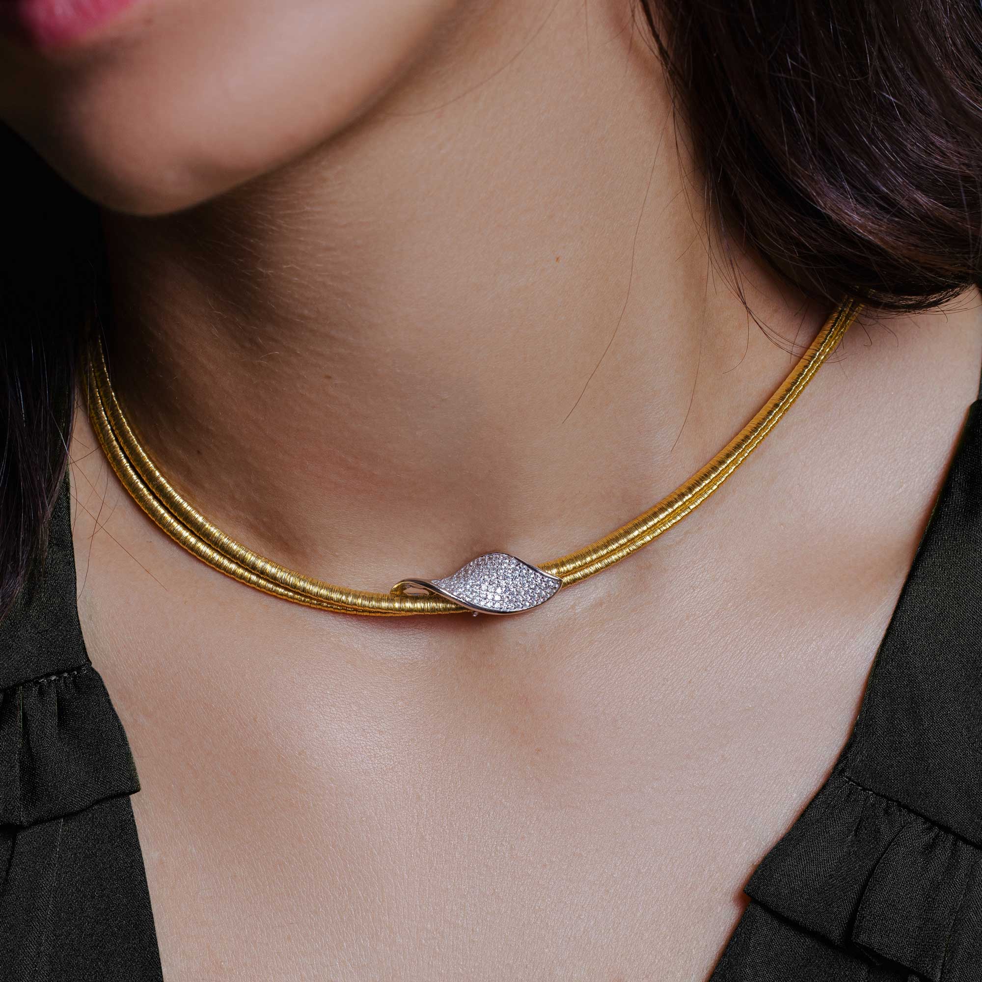 Silver 925 Gold Plated Italian Necklace with Micro Pave CZ Curved Accent - ITN00119GP-RH - Image 2