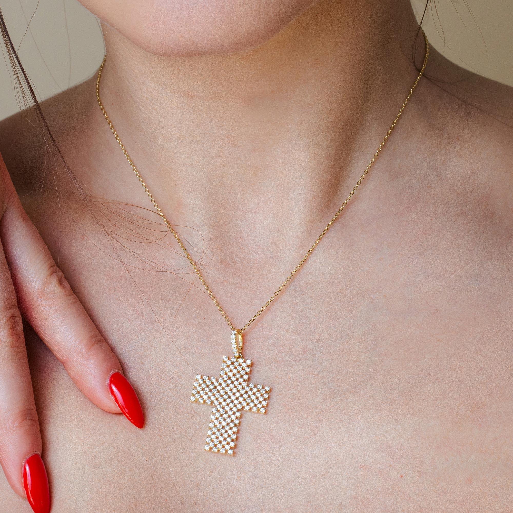 Silver 925 Gold Plated Thick Open Checkered Cross CZ Pendant - ACP00095GP - Image 2