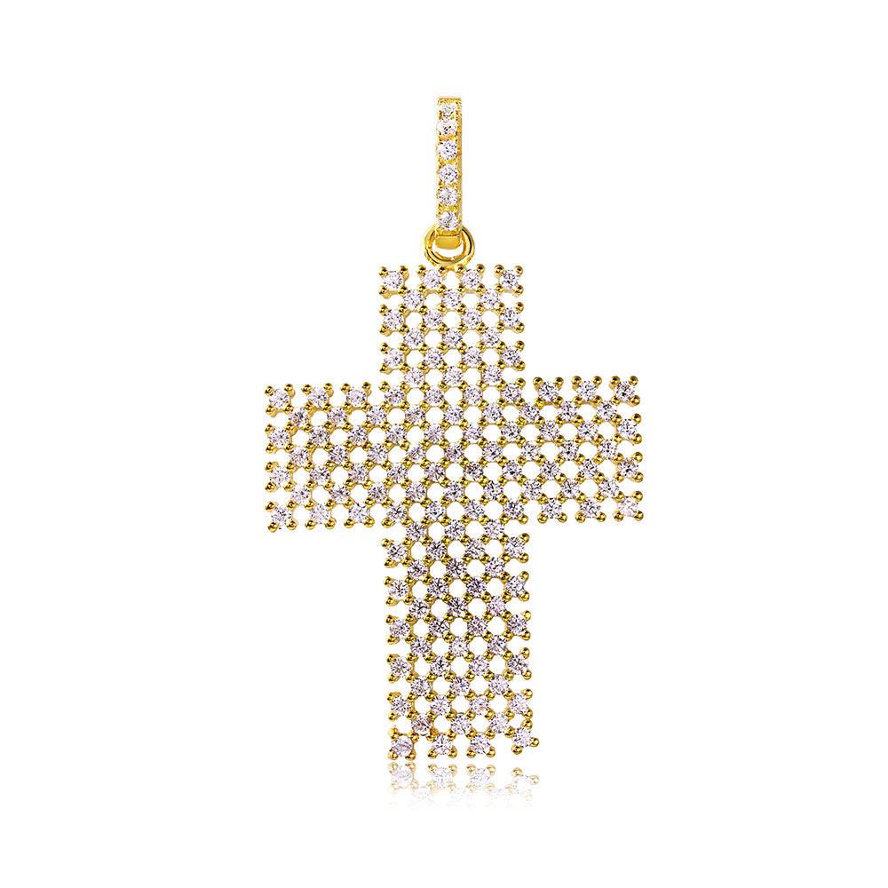 Silver 925 Gold Plated Thick Open Checkered Cross CZ Pendant - ACP00095GP - Image 3
