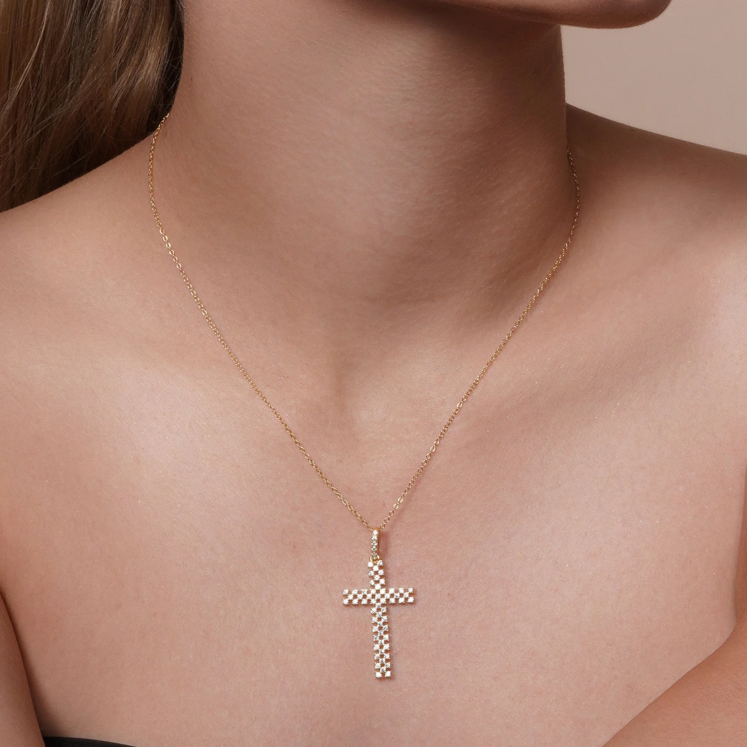 Silver 925 Gold Plated Thin Open Checkered Cross CZ Pendant - ACP00094GP - Image 2