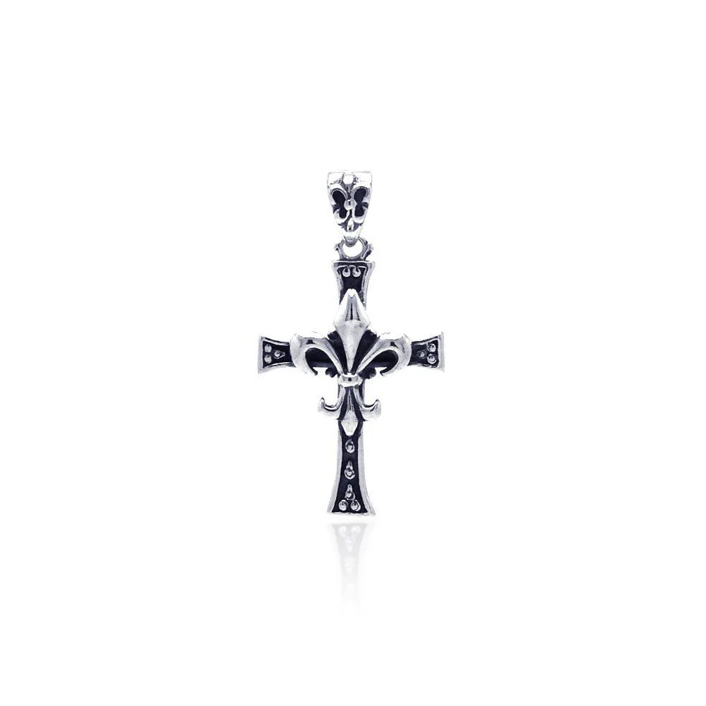 Oxidized 925 Sterling Silver Fleur De Lis Cross Pendant - OXP00014 - Image 2