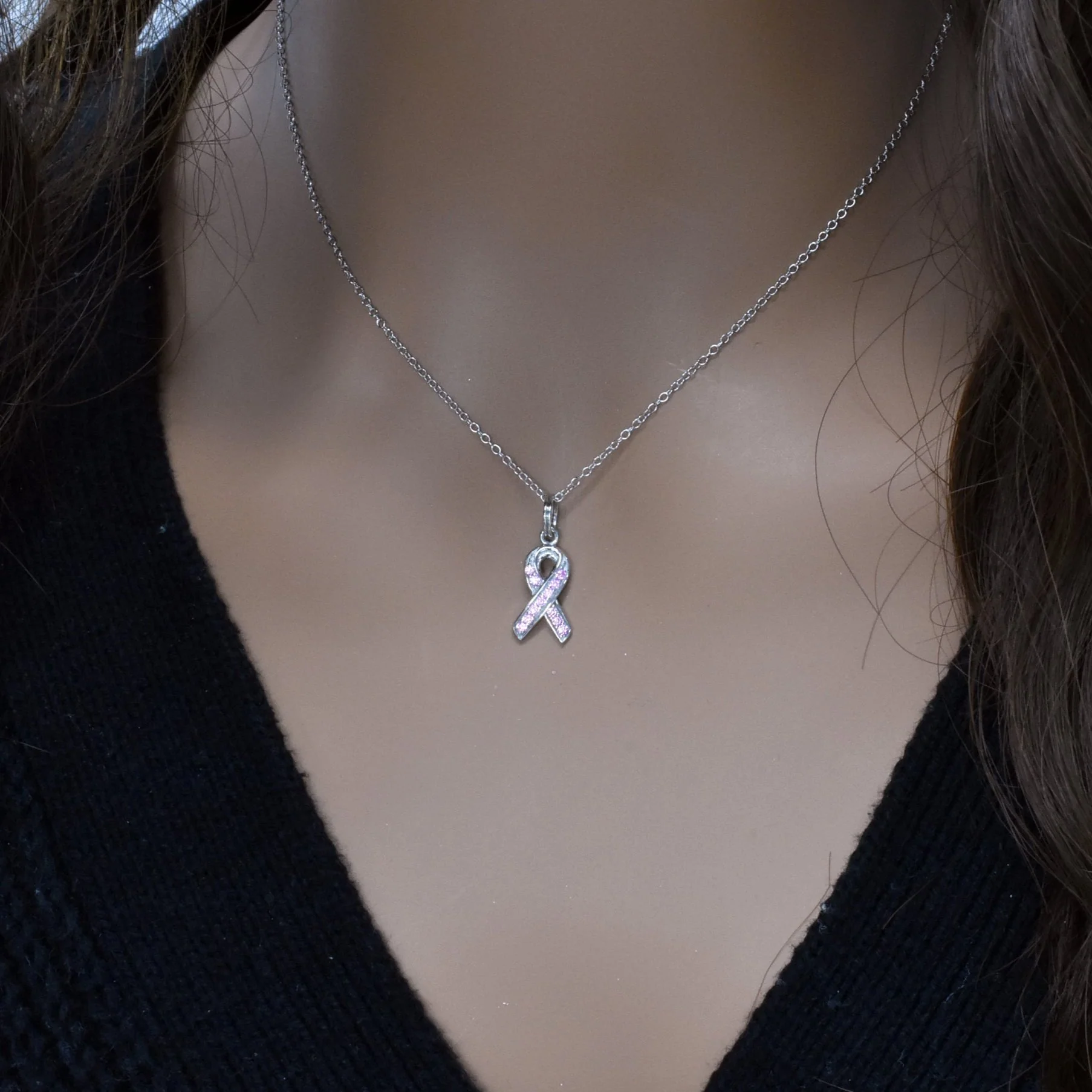Silver 925 Pink CZ Rhodium Plated Ribbon Pendant Necklace - STP00060PNK - Image 2