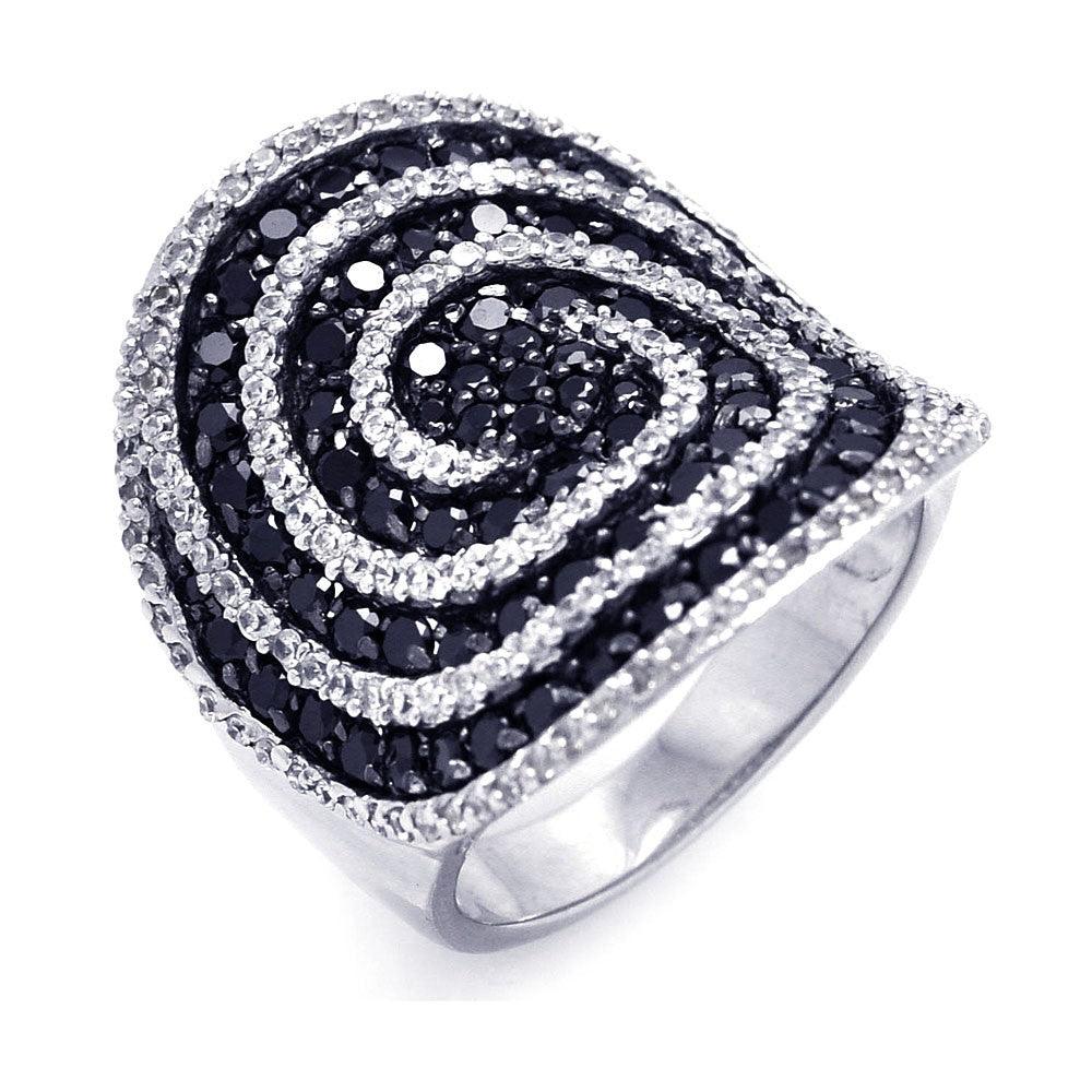 Clearance-Silver 925 Rhodium and Black Rhodium Plated Black and Clear CZ Cigar Band Spiral Ring - STR00819