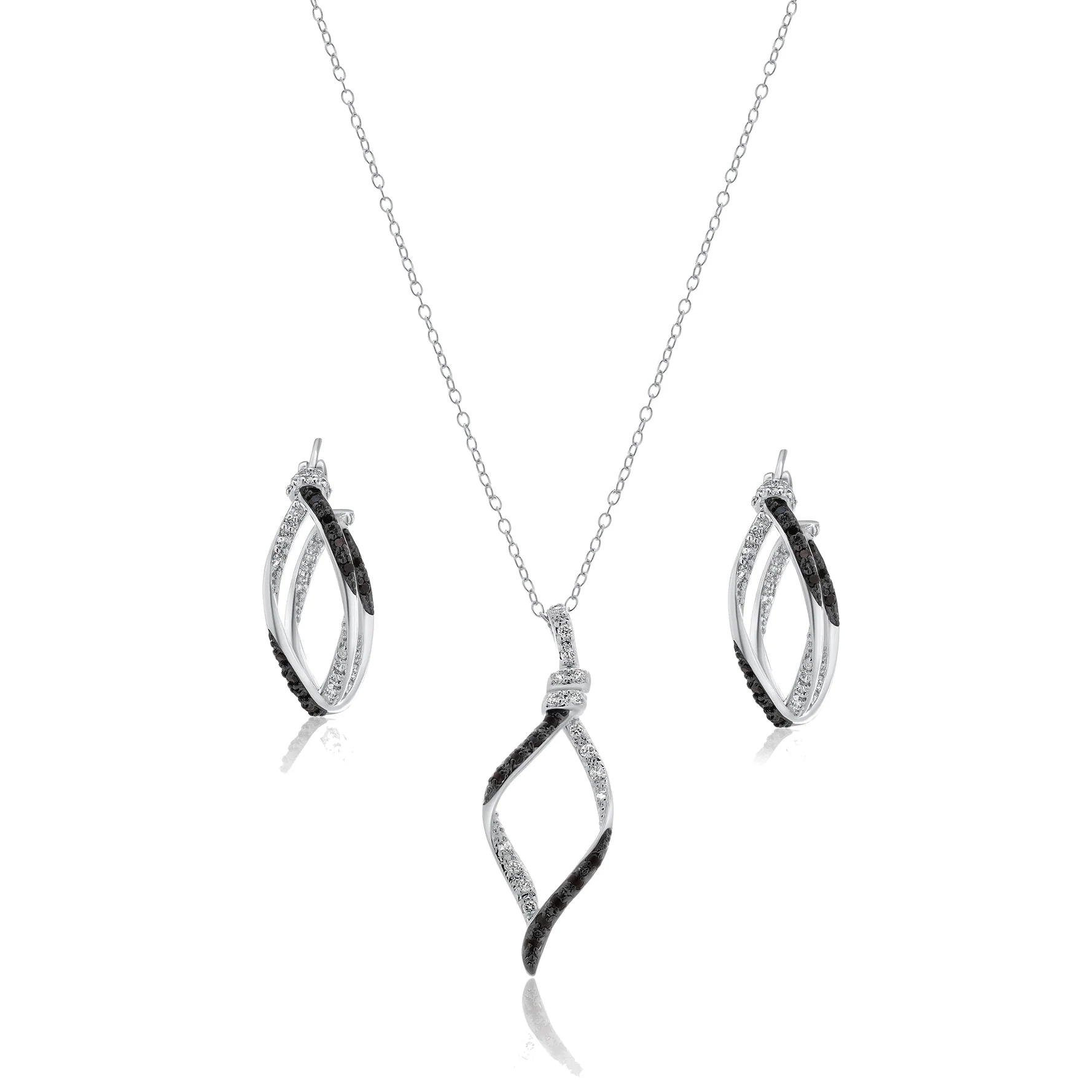 Silver 925 Rhodium and Black Rhodium Plated Black and Clear Open Wave CZ Hoop Set - BGS00136