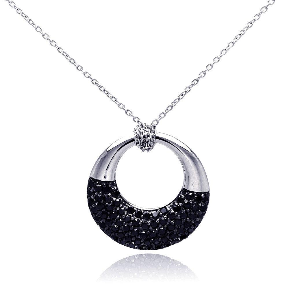 Clearance-Silver 925 Rhodium and Black Rhodium Plated Black CZ Ring Pendant Necklace - STP00817BLK