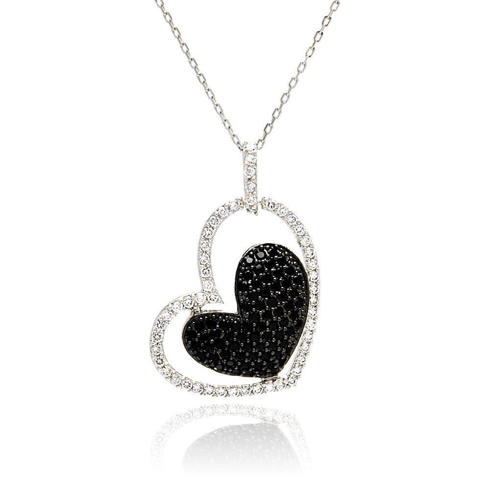 Clearance-Silver 925 Rhodium and Black Rhodium Plated Clear and Black CZ Heart Pendant Necklace - STP00819