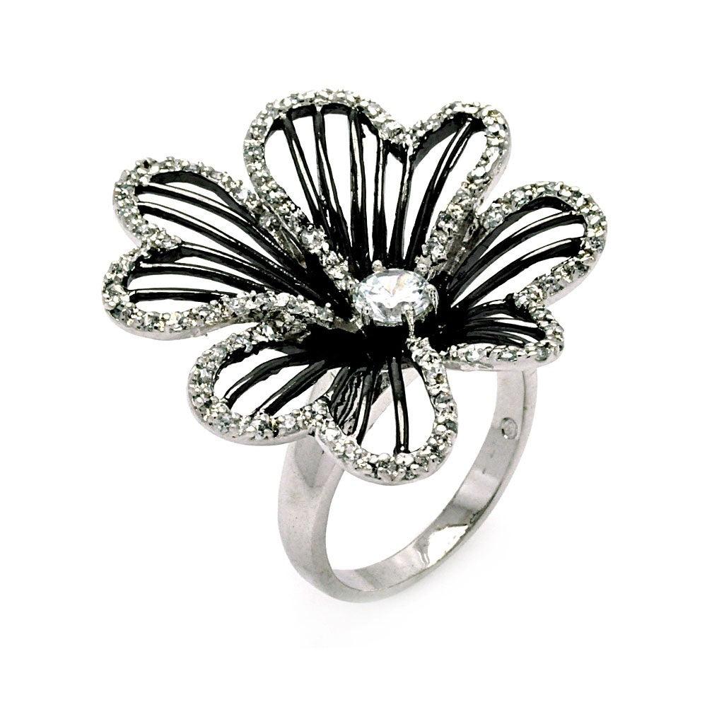 Clearance - Silver 925 Rhodium and Black Rhodium Plated Clear CZ Open Flower Ring - BGR00329