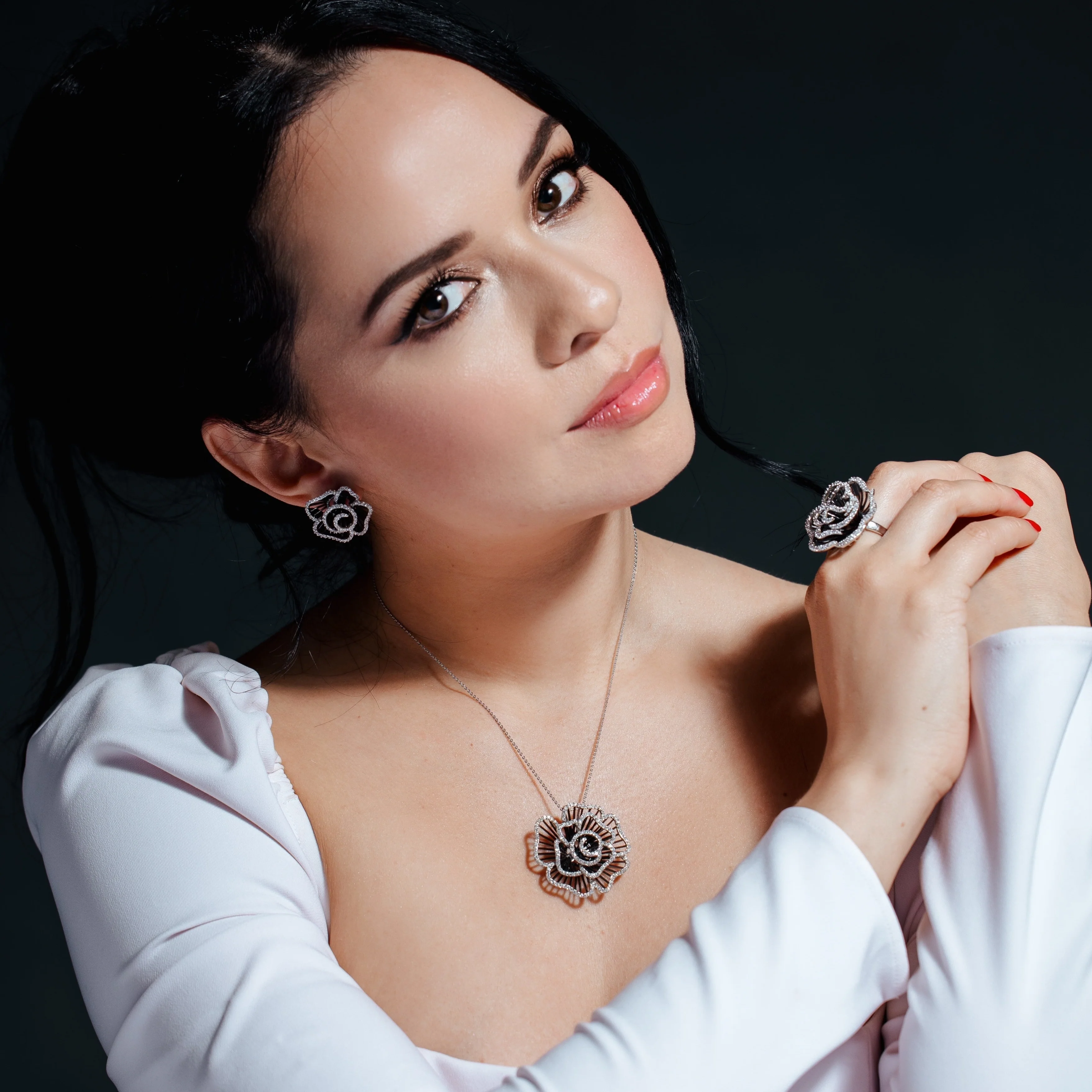 Clearance-Silver 925 Rhodium and Black Rhodium Plated Clear Flower Rose CZ Stud Earring and Necklace Set - BGS00157