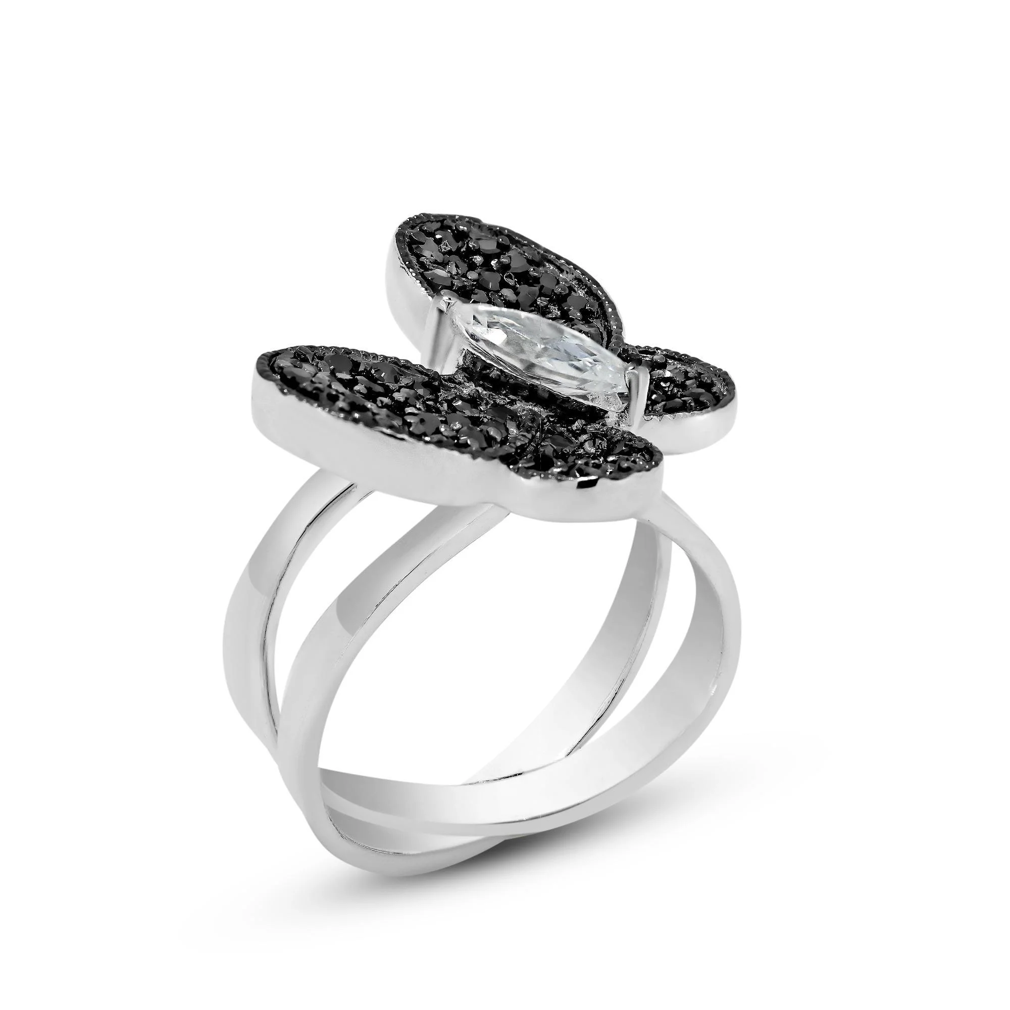 Clearance-Silver 925 Rhodium and Black Rhodium Plated Clear Marquise and Pave Set Black CZ Butterfly Ring - BGR00137