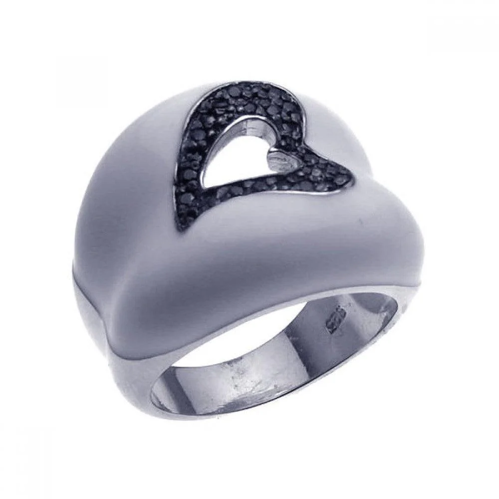 Clearance-Silver 925 Rhodium and Black Rhodium Plated White Enamel Pave Set Black CZ Heart Ring - STR00618