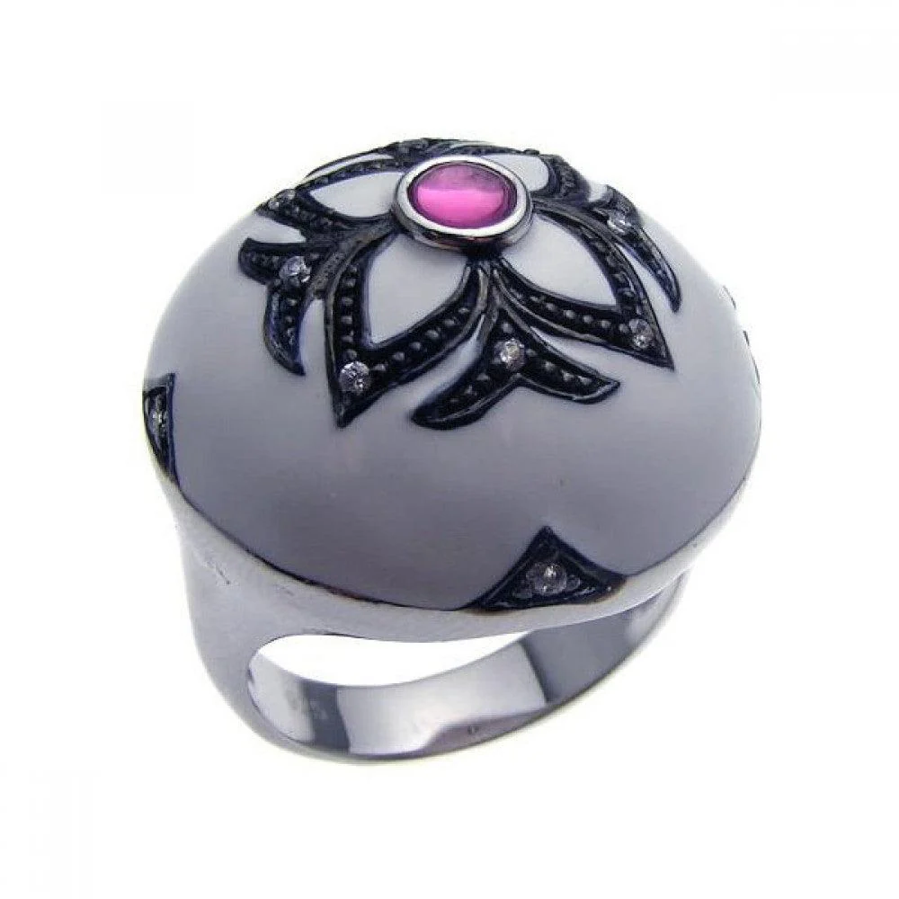 Clearance-Silver 925 Rhodium and Black Rhodium Plated White Enamel Purple Center Clear and Black CZ Flower Dome Ring - STR00620