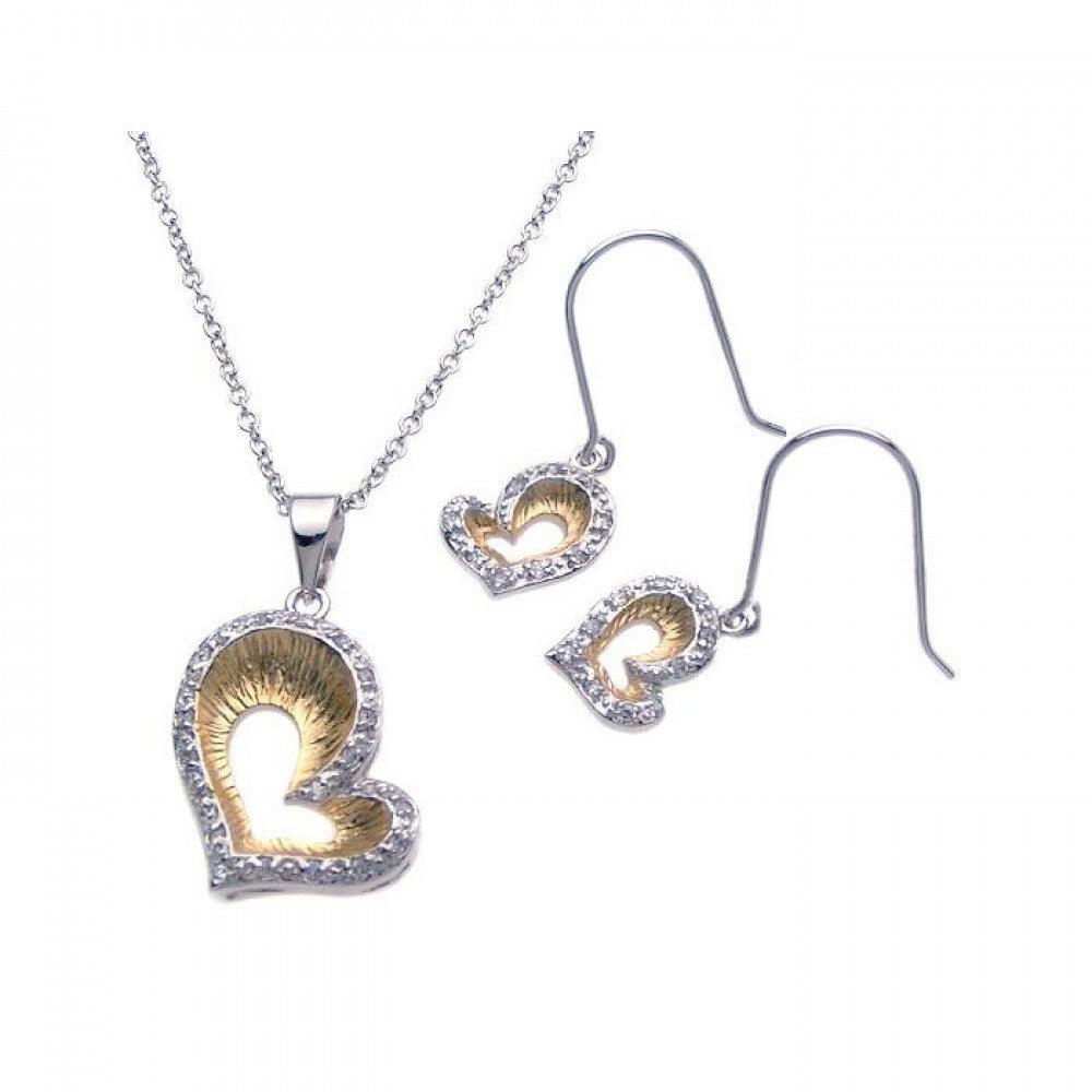Clearance-Silver 925 Rhodium and Gold Plated Open Heart Clear Border CZ Hook Earring and Dangling Necklace Set - BGS00089