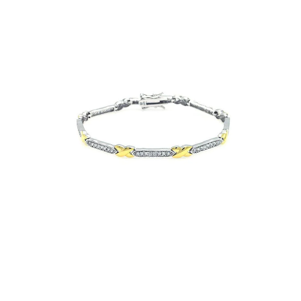 Silver 925 Rhodium and Gold Plated Two Tone Clear CZ Tennis Bracelet - STB00376