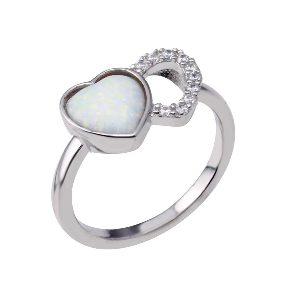 Rhodium Plated 925 Sterling Silver 2 Open Heart Simulated Opal and Clear CZ Ring - BGR01354 - Image 2